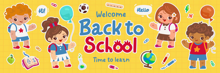 Back to school cartoon banner design template with student kids character and school supplies set isolated on background. Elementary school horizontal poster. Pencil, book, globe. Vector ilustration