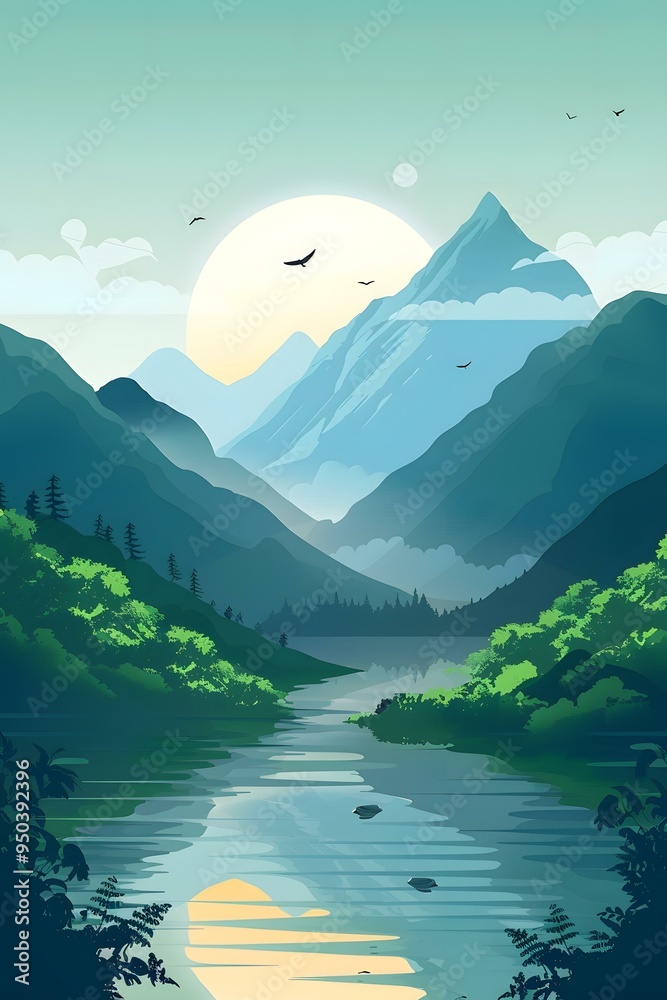 Poster Scenic Mountain Landscape Illustration with River