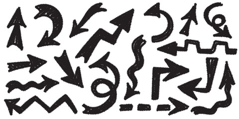 Crayon texture arrows set. Collection of hand drawn doodle thick arrows in different directions. Elegant minimal line stroke style. Vector chalk graphic elements.