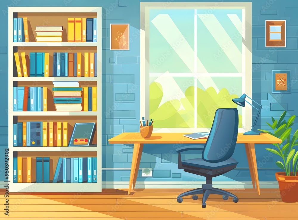 Sticker Cartoon Illustration of an Office with a Desk, Bookshelf, Window, and Chair