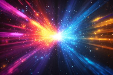 Fototapeta premium A vibrant explosion of colors in a cosmic backdrop, featuring beams of light radiating from a central core, creating a sense of energy and depth