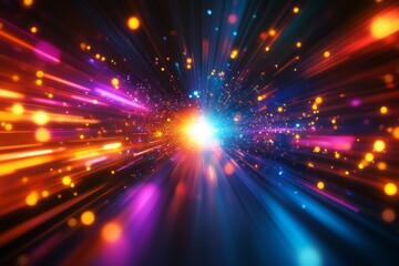 Naklejka premium An explosion of colorful light beams radiating outward, creating a sense of motion and energy in a cosmic or abstract setting