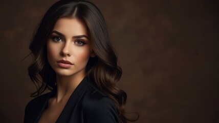 Fototapeta premium Beautiful hair woman black dress hairstyle female. Color background. Brown