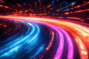 Obraz premium A dynamic, colorful abstract image featuring vibrant curved lines in shades of blue, pink, orange, and red, creating a sense of motion and energy