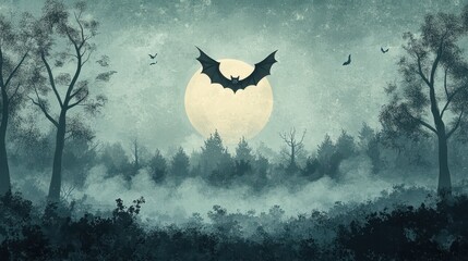 Fototapeta premium Eerie Bat Flying Above Haunted Forest with Full Moon and Misty Atmosphere