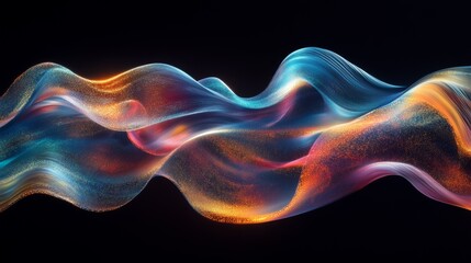 A captivating abstract wave of luminous colors and fluid shapes, blending blues, oranges, and purples against a dark background