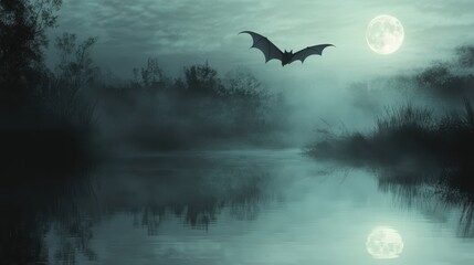 Fototapeta premium Eerie Bat Silhouetted by Moon Over Foggy Lake