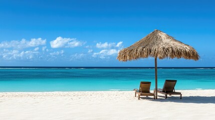A tranquil beach with white sand, turquoise water, and a thatched-roof umbrella offering shade