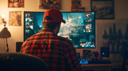 Gamer in dimly lit room intensely focused on large curved monitor, surrounded by gaming memorabilia and posters, showcasing deep connection to video game series