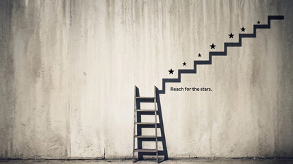 Ladder to Success. A ladder leaning against a wall with star-shaped steps and the inspiring message "Reach for the stars," symbolizing ambition and success.
