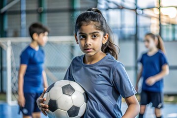 Indian Girl Practicing Soccer Drills - A focused Indian girl practicing soccer drills on an open field.
