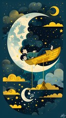 Naklejka premium Two People Sleeping on a Crescent Moon Boat in Night Sky Illustration