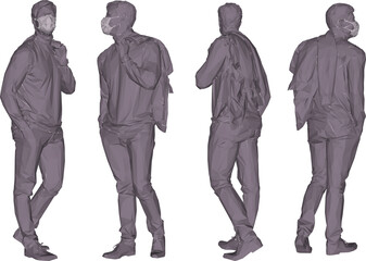 Vector silhouette illustration sketch design drawing of young teenager in fashion stylist wearing a mask to avoid the virus while walking down the street
