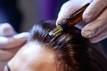 Close-up of a professional applying nourishing oil to the scalp with a dropper for a hair rejuvenation treatment in a clinical environment