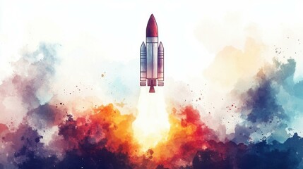Fototapeta premium Watercolor Rocket Launch: A Cosmic Journey