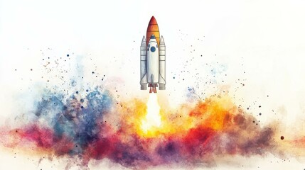 Watercolor Rocket Launch: A Journey Into The Universe