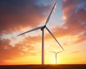 Stunning sunset view of wind turbines in a field, symbolizing renewable energy and sustainable future.