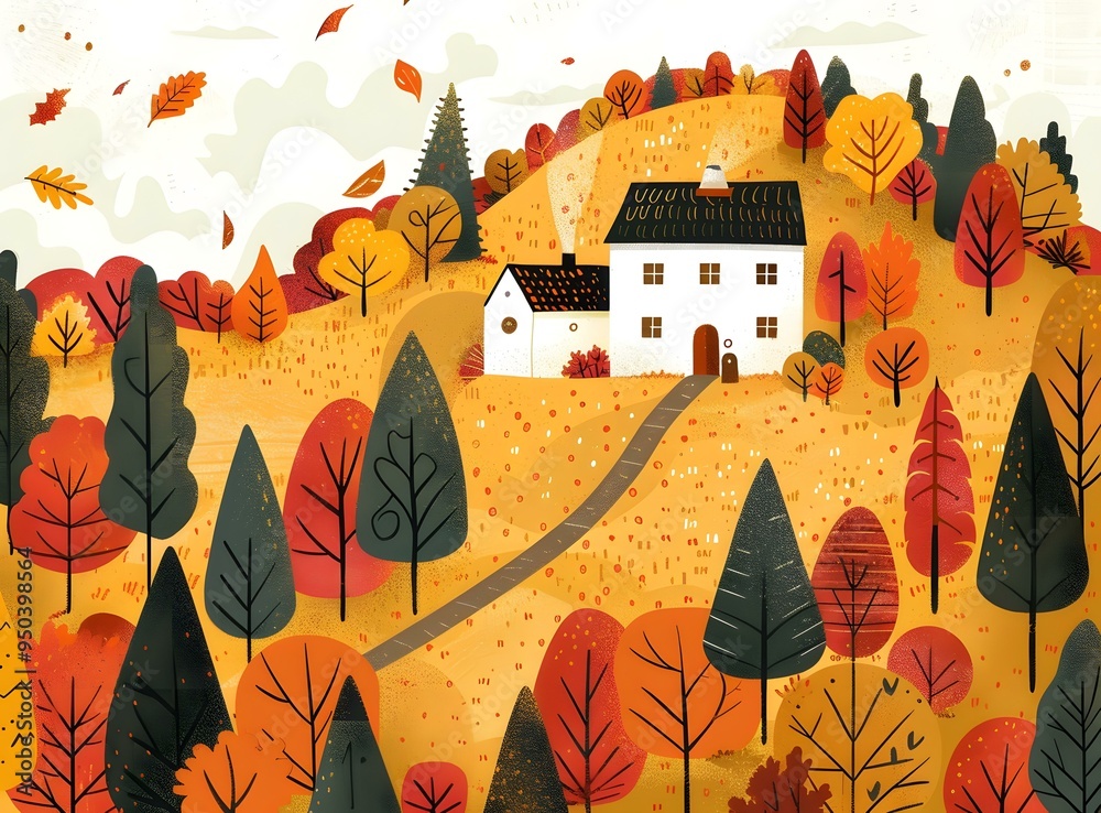 Canvas Prints Autumn House on Hill with Trees and Leaves