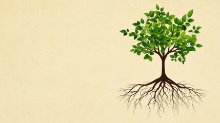Tree Roots Illustration with Green Leaves on Paper Background
