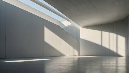 Obraz premium Modern Minimalist Interior Design: A spacious white room with large windows and a unique architectural detail in the form of a white cylindrical structure, bathed in soft natural light