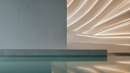 Fototapeta premium Serene Minimalism: A minimalist interior design concept featuring a sleek, modern water feature, a smooth concrete bench, and a gently curved ceiling with integrated lighting, creating a tranquil and 
