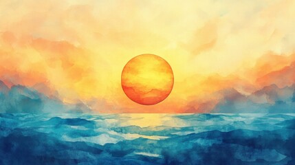 Obraz premium Watercolor Sunset Over the Ocean - Peaceful Landscape Painting