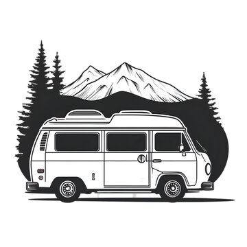 recommend clip art: A white vintage camper van in front of a mountain and forest, line art style.