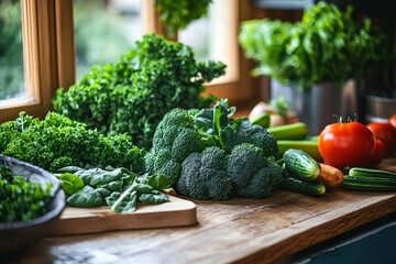 Assortment of fresh green vegetables like broccoli, spinach, and kale on a wooden counter by a window