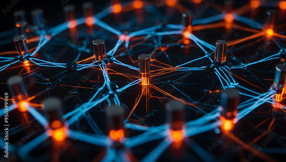 Poster abstract network: a mesmerizing abstract pattern of glowing blue and orange lines, creating an intri