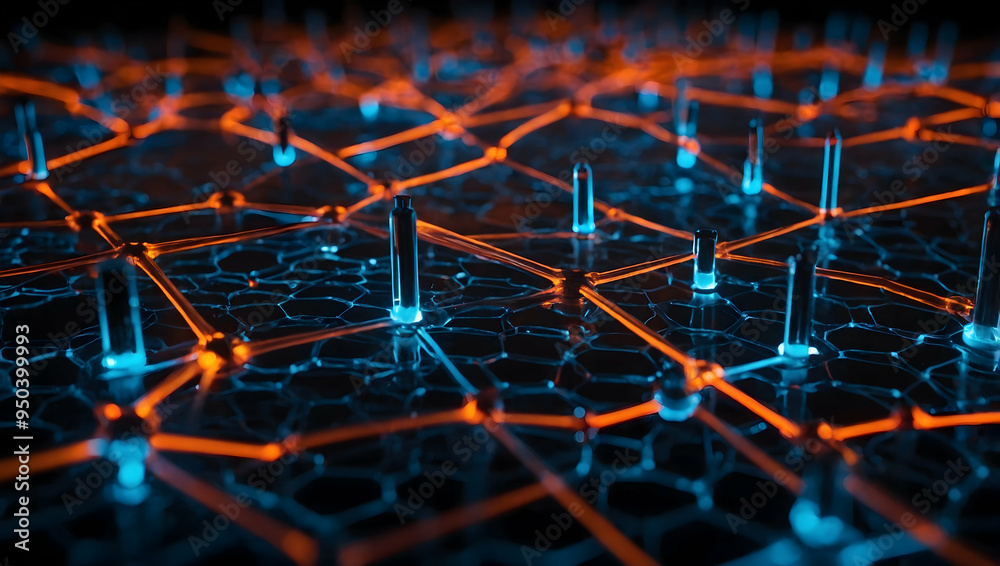 Poster abstract network: a mesmerizing abstract pattern of glowing blue and orange lines, creating an intri