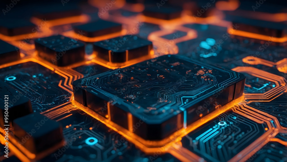 Poster circuitry in motion: the heart of modern technology, a close-up shot of a glowing cpu amidst intrica