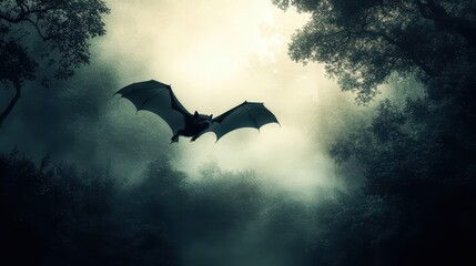 Fototapeta premium Eerie Bat Flight in Misty Forest with Shadowy Wings and Dappled Light