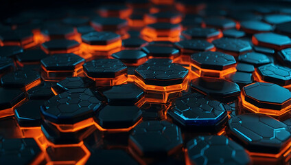 Obraz premium Abstract Hexagon Pattern: A close-up macro shot reveals a mesmerizing pattern of hexagonal shapes, bathed in warm orange and cool blue hues, evoking a sense of futuristic technology