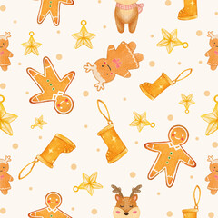 Seamless pattern featuring gingerbread cookies, stars, and bells on a dotted background. Perfect for holiday-themed designs and festive decorations.