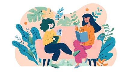 Two Women Sitting On A Sofa With A Book