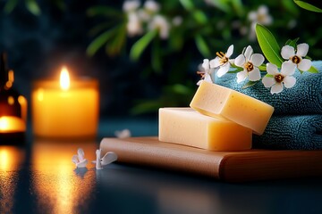 Natural soap bars in a wellness ritual setting, depicted in an artwork where the soap bars are part of a calming wellness ritual, with candles, essential oils, and a plush towel, promoting relaxation