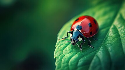 Fototapeta premium Close-up of a ladybug on a green leaf, highlighting the small creatures that contribute to a healthy environment