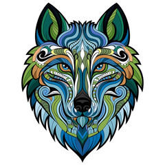 Obraz premium Create a highly detailed and colorful mandala-style wolf head with intricate patterns and symmetrical design.