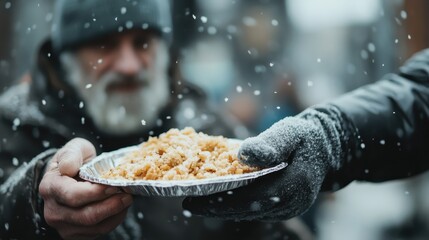 A gloved hand offers a container of food to a person in need on a snowy day, illustrating the act of kindness, compassion, and aid amidst harsh winter conditions.