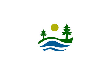 Green forest and blue water logo design. Represents nature, environment, and sustainability. Perfect for eco-friendly businesses, outdoor brands, and tourism companies.