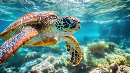 Obraz premium Close-up of a turtle swimming through a coral reef, emphasizing the need to protect marine biodiversity