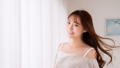 Naklejka premium 可愛くてセクシーな若いアジア人女性のポートレート。（Portrait of a cute and sexy young Asian woman.） 