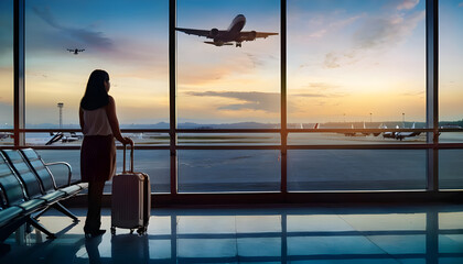 A woman passenger waits at the airport, her silhouette framed against the window as she watches an aircraft take off..
