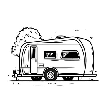 recommend clip art: Black and white illustration of a camper van with a tree in the background.