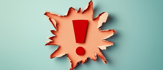 Red exclamation mark on torn paper background symbolizing alert, warning, or important information. 3D with shadow.