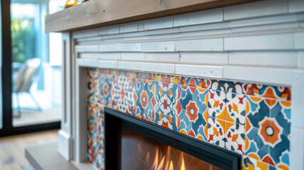 Close-up of a fireplace with a custom tile surround, featuring colorful, geometric patterns.