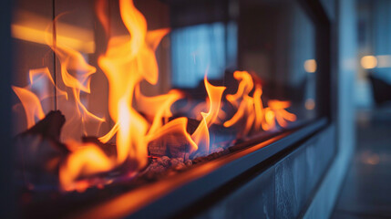 Close-up of a fireplace with a sleek, black metal surround, contrasting with the bright flames inside.