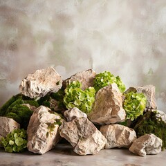 Green Plants and Rocks on a Stone Background