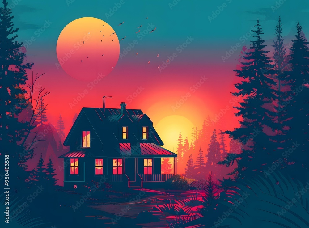 Canvas Prints sunset illustration with house and trees