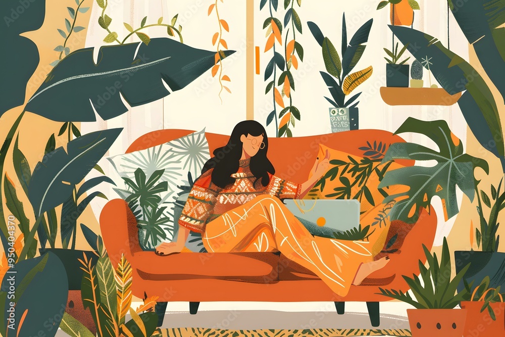 Poster Woman Relaxing on Couch with Plants in a Cozy Room